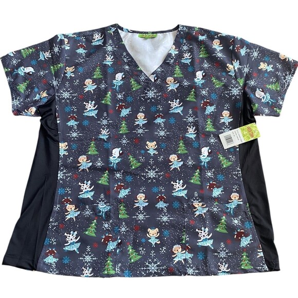 Green Town Christmas Scrub Top - 2X - Gray w/ Christmas Trees & Ballerinas - Picture 1 of 5